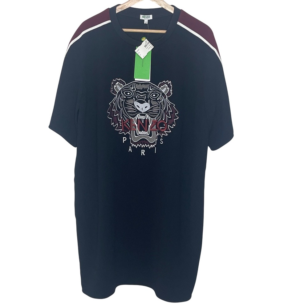 Kenzo Paris Black Tiger Embroidered Tee Dress Burgundy Stripe Large NWT